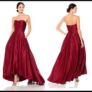 Burgundy red strapless high-low ball gown
